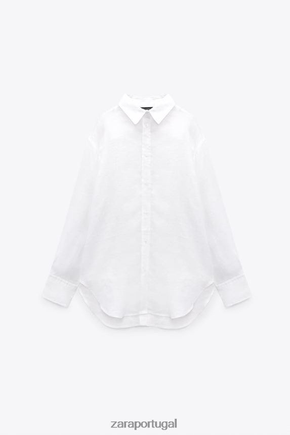 camisa de linho abotoada mulheres Zara branco Z2080L324 roupas