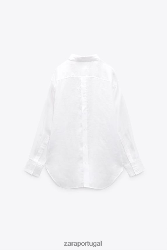 camisa de linho abotoada mulheres Zara branco Z2080L324 roupas