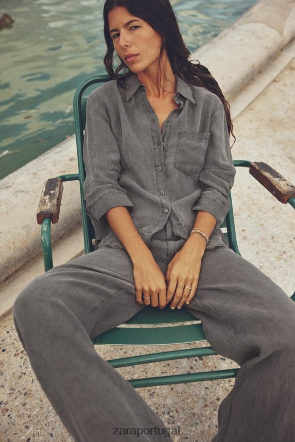 camisa de linho com bolsos mulheres Zara cinza Z2080L350 roupas