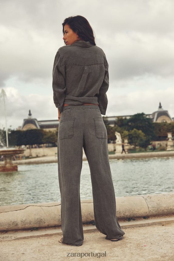 camisa de linho com bolsos mulheres Zara cinza Z2080L350 roupas