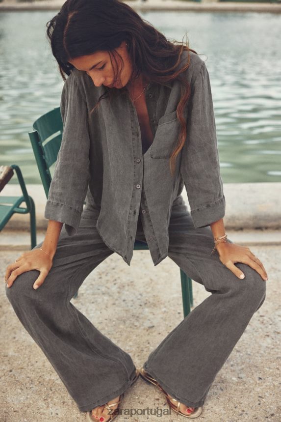 camisa de linho com bolsos mulheres Zara cinza Z2080L350 roupas