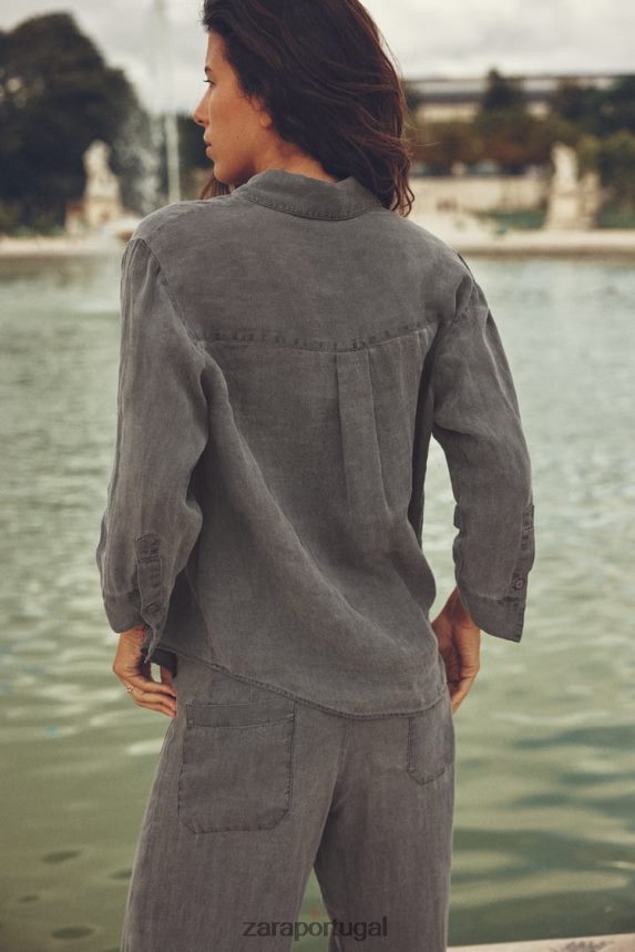 camisa de linho com bolsos mulheres Zara cinza Z2080L350 roupas