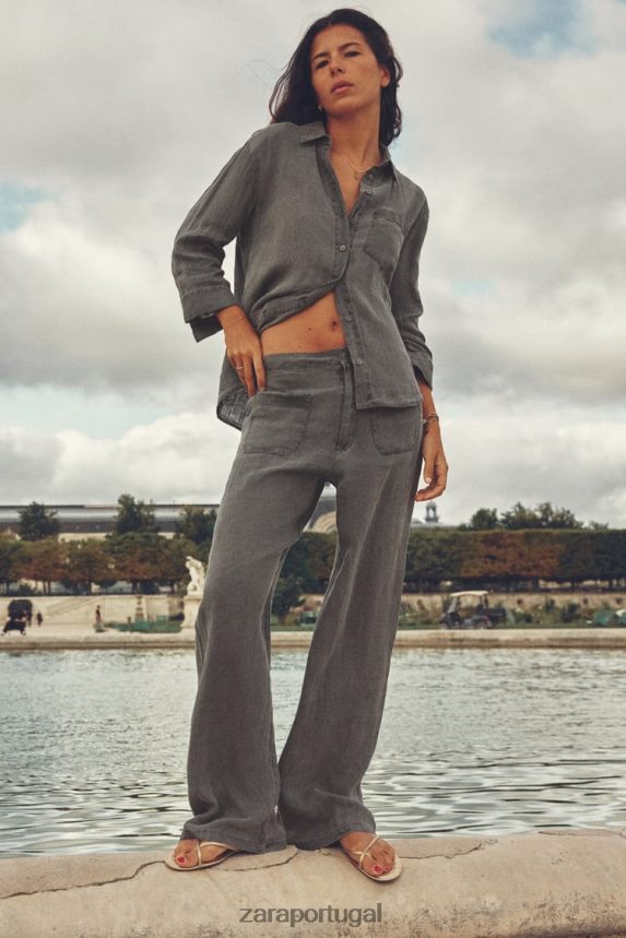 camisa de linho com bolsos mulheres Zara cinza Z2080L350 roupas