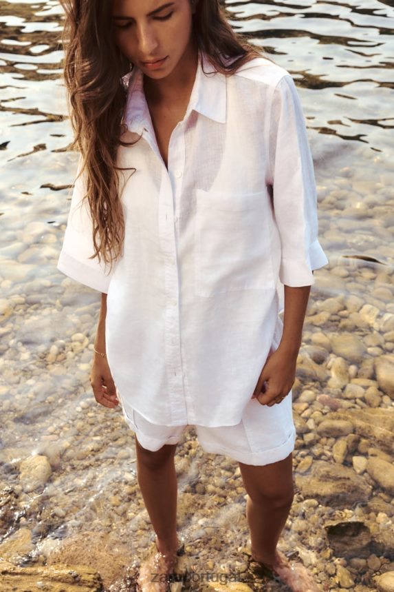 camisa de linho com bolsos mulheres Zara ostra branca Z2080L377 roupas