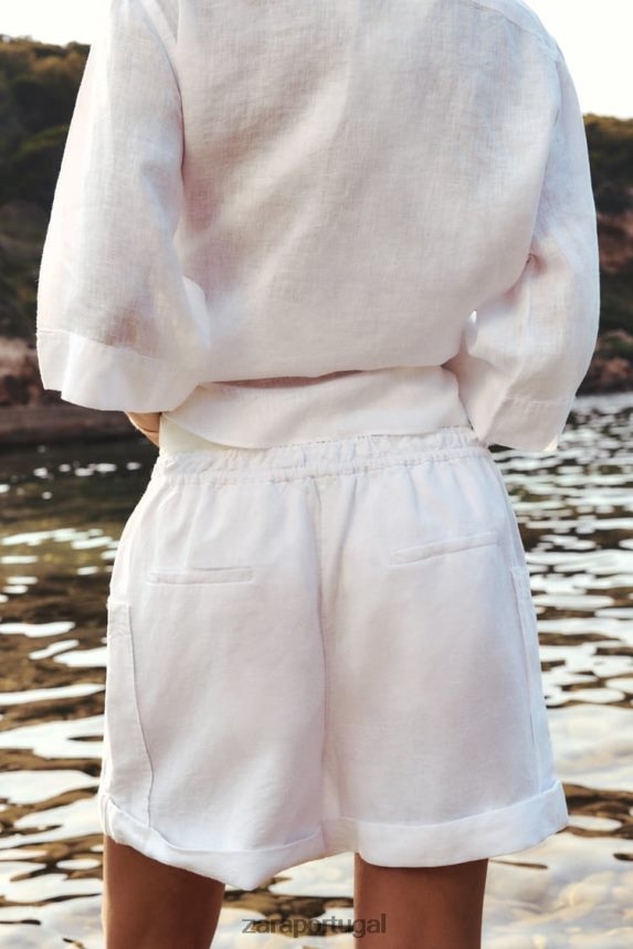 camisa de linho com bolsos mulheres Zara ostra branca Z2080L377 roupas