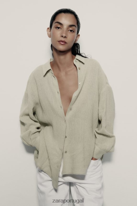 camisa de linho grande mulheres Zara luz verde Z2080L433 roupas