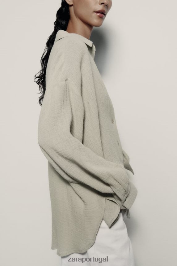 camisa de linho grande mulheres Zara luz verde Z2080L433 roupas