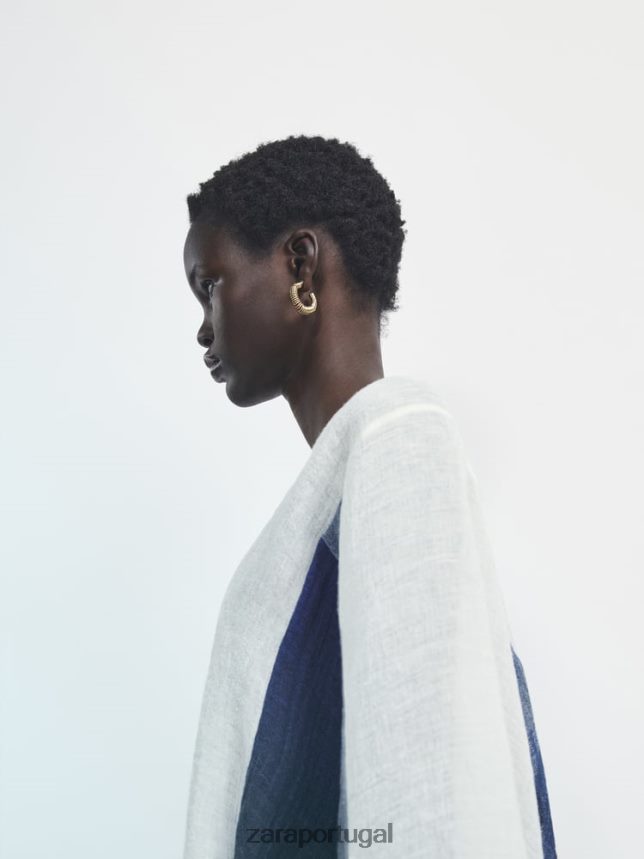 camisa de mistura de linho em malha waffle contrastante mulheres Zara branco Z2080L847 roupas