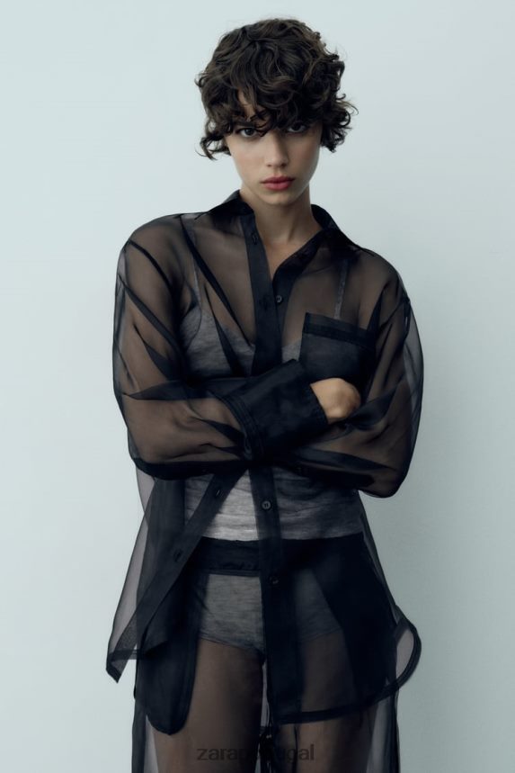 camisa de organza grande mulheres Zara preto Z2080L329 roupas