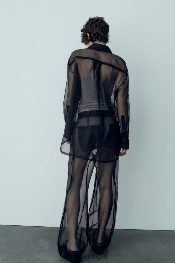 camisa de organza grande mulheres Zara preto Z2080L329 roupas