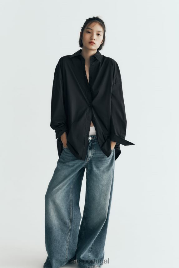 camisa de popeline grande mulheres Zara preto Z2080L291 roupas