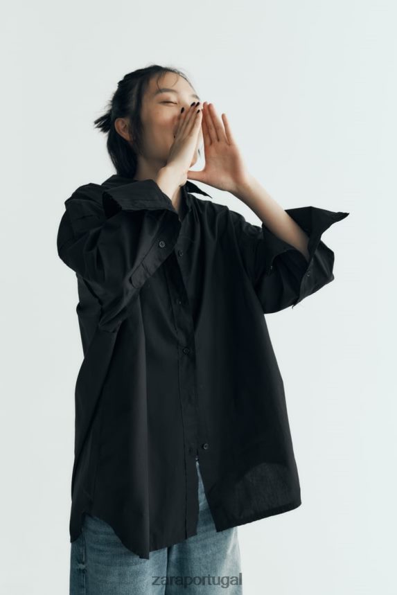 camisa de popeline grande mulheres Zara preto Z2080L291 roupas