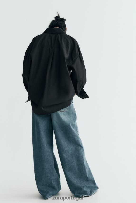 camisa de popeline grande mulheres Zara preto Z2080L291 roupas