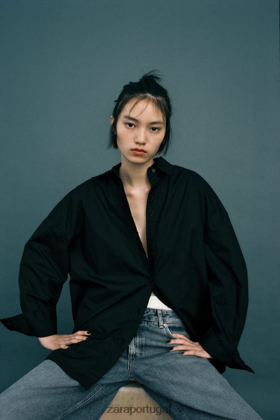 camisa de popeline grande mulheres Zara preto Z2080L291 roupas