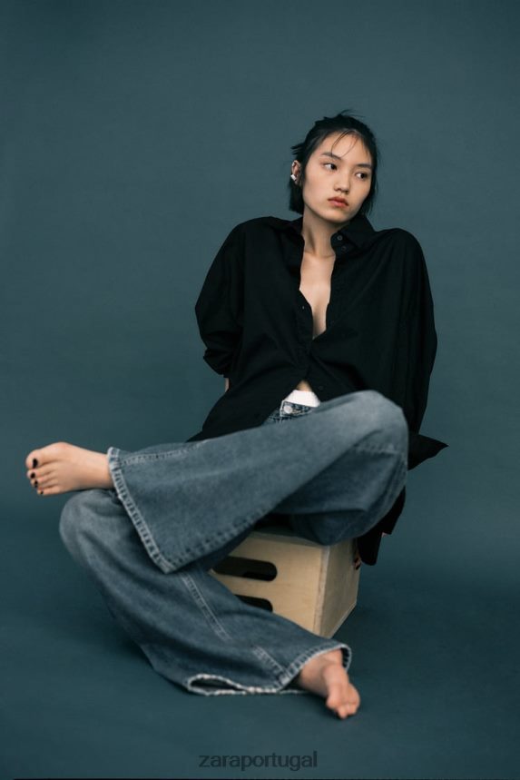 camisa de popeline grande mulheres Zara preto Z2080L291 roupas