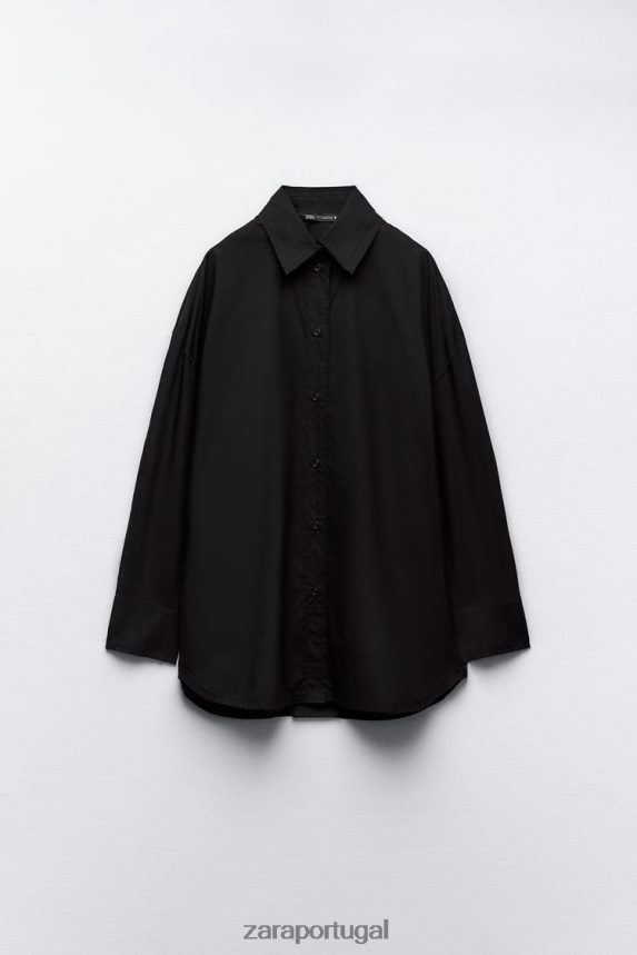 camisa de popeline grande mulheres Zara preto Z2080L291 roupas