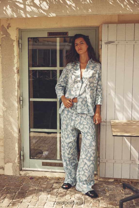 camisa de rami estampada mulheres Zara água-marinha Z2080L434 roupas