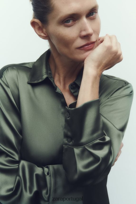 camisa efeito cetim mulheres Zara verde escuro Z2080L334 roupas
