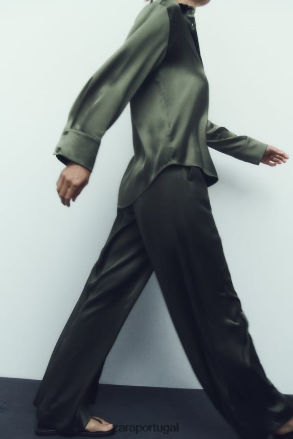 camisa efeito cetim mulheres Zara verde escuro Z2080L334 roupas