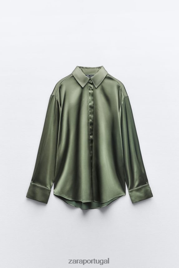 camisa efeito cetim mulheres Zara verde escuro Z2080L334 roupas