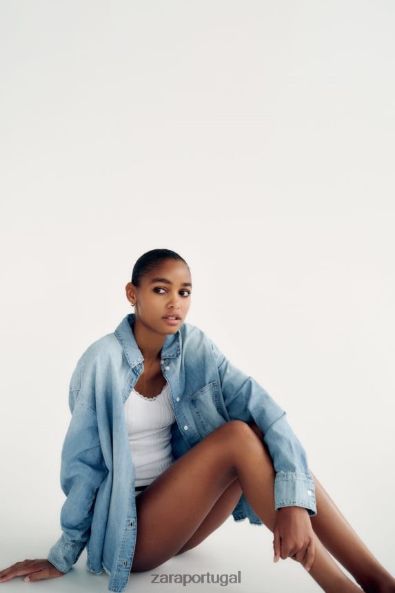 camisa jeans trf mulheres Zara azul claro Z2080L390 roupas