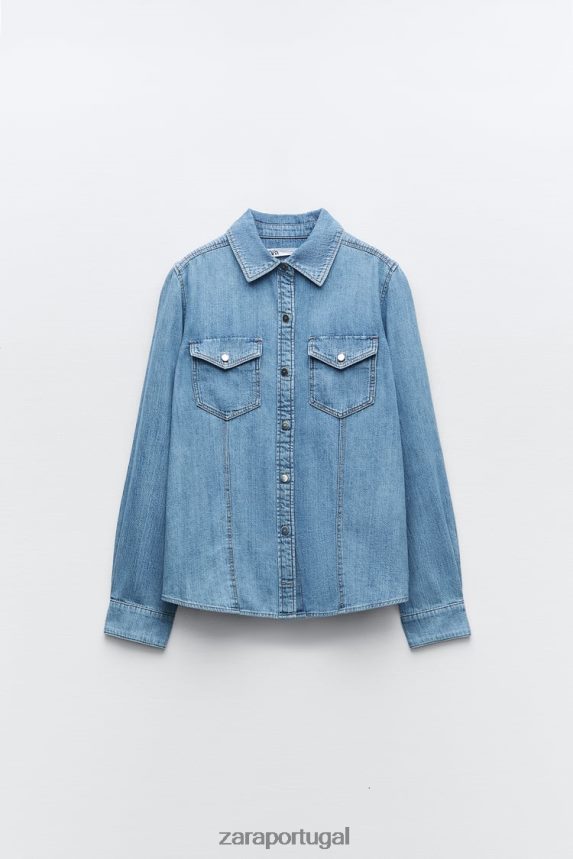 camisa jeans z1975 mulheres Zara meio azul Z2080L305 roupas