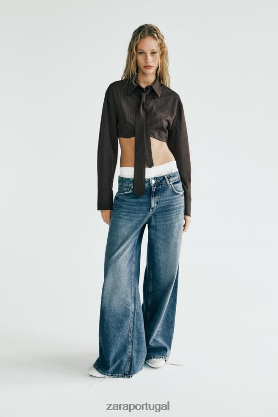 camisa listrada com gravata mulheres Zara marrom/azul Z2080L422 roupas