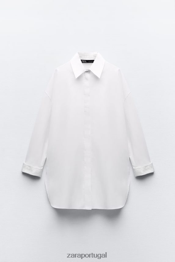 camisa listrada com punho grande mulheres Zara branco Z2080L289 roupas