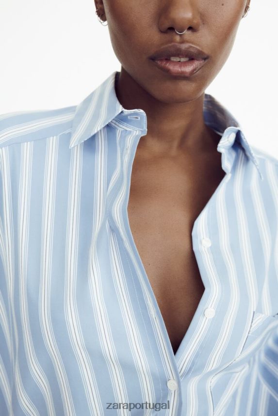 camisa listrada grande mulheres Zara Branco azulado Z2080L435 roupas