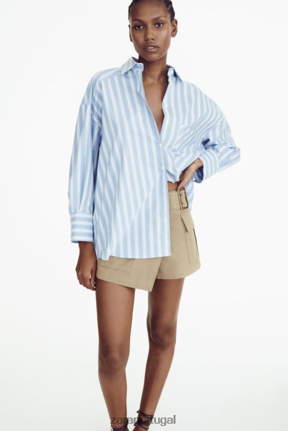 camisa listrada grande mulheres Zara Branco azulado Z2080L435 roupas