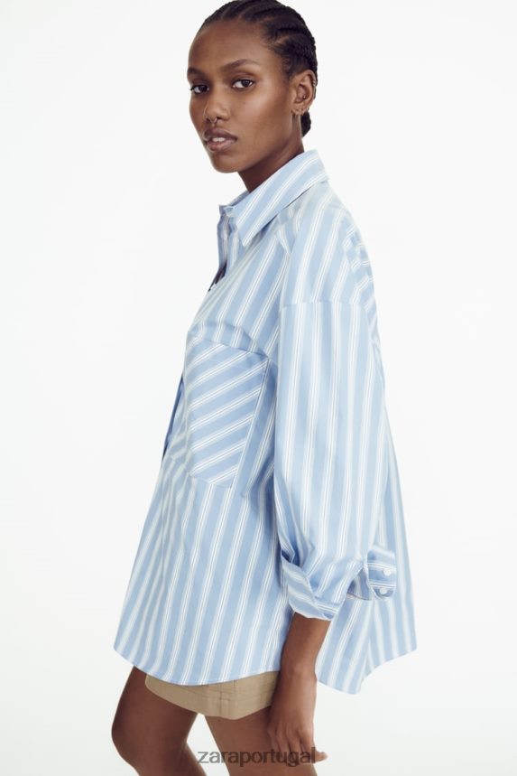 camisa listrada grande mulheres Zara Branco azulado Z2080L435 roupas