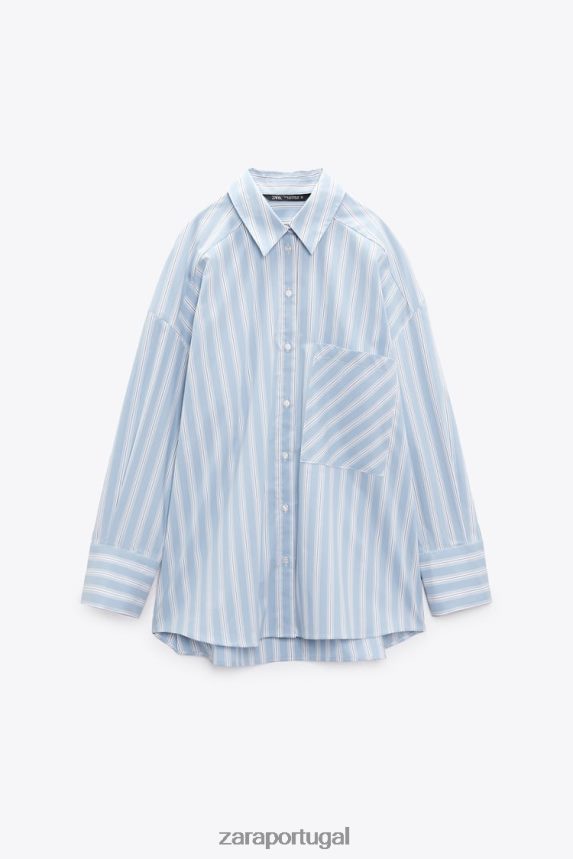 camisa listrada grande mulheres Zara Branco azulado Z2080L435 roupas