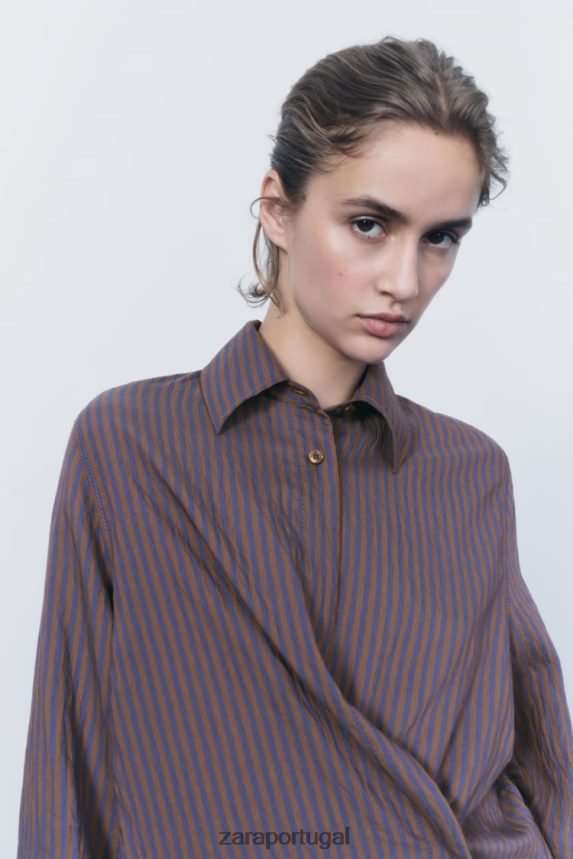 camisa listrada minimalista multi/posicional da coleção zw mulheres Zara marrom/azul Z2080L299 roupas