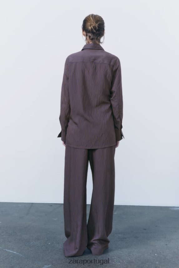 camisa listrada minimalista multi/posicional da coleção zw mulheres Zara marrom/azul Z2080L299 roupas
