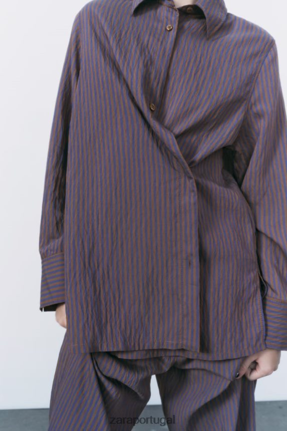 camisa listrada minimalista multi/posicional da coleção zw mulheres Zara marrom/azul Z2080L299 roupas