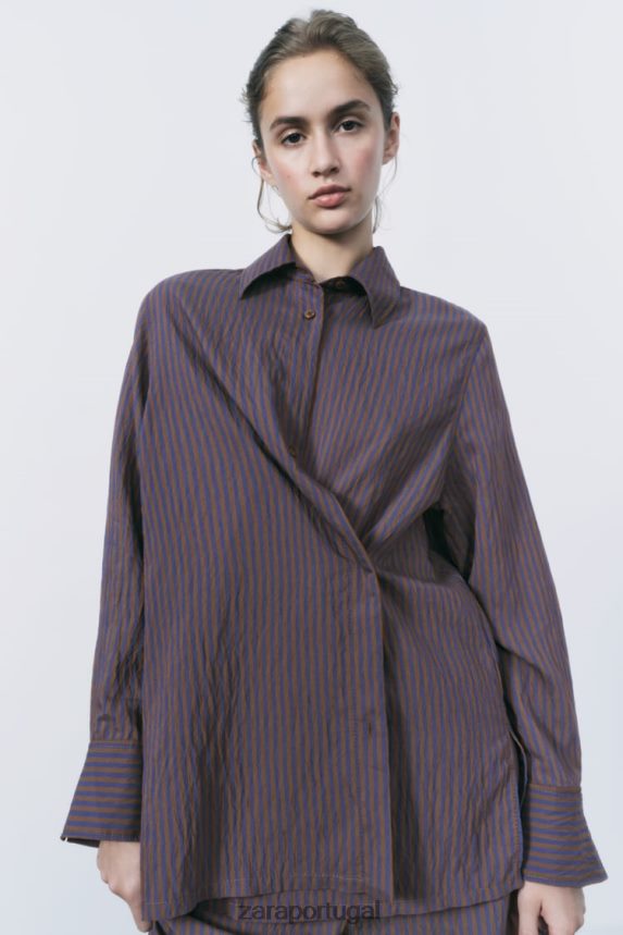 camisa listrada minimalista multi/posicional da coleção zw mulheres Zara marrom/azul Z2080L299 roupas