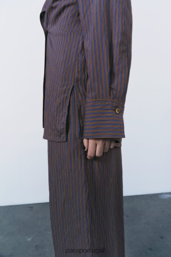 camisa listrada minimalista multi/posicional da coleção zw mulheres Zara marrom/azul Z2080L299 roupas