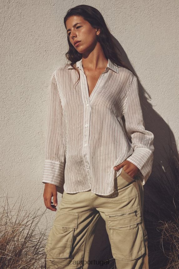 camisa listrada mulheres Zara cru/castanho Z2080L423 roupas