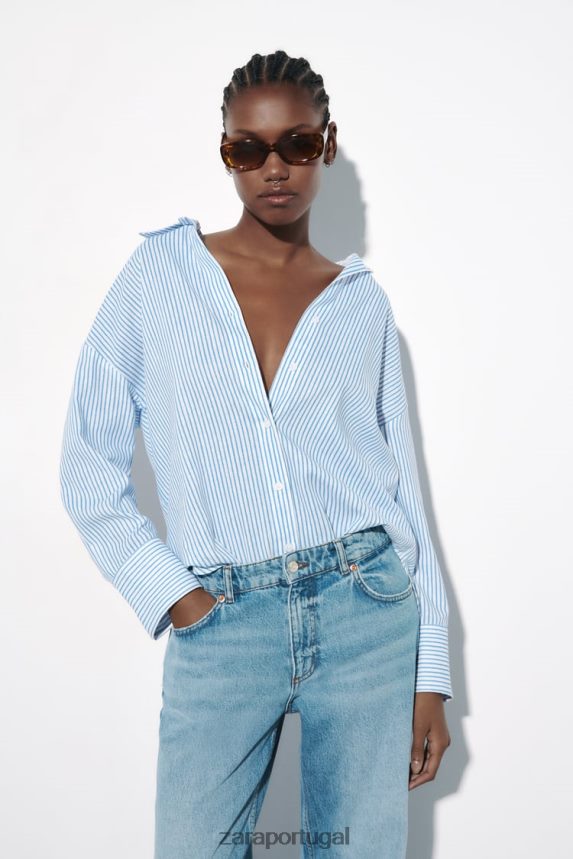 camisa mescla listrada de linho mulheres Zara Branco azulado Z2080L341 roupas