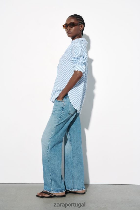 camisa mescla listrada de linho mulheres Zara Branco azulado Z2080L341 roupas