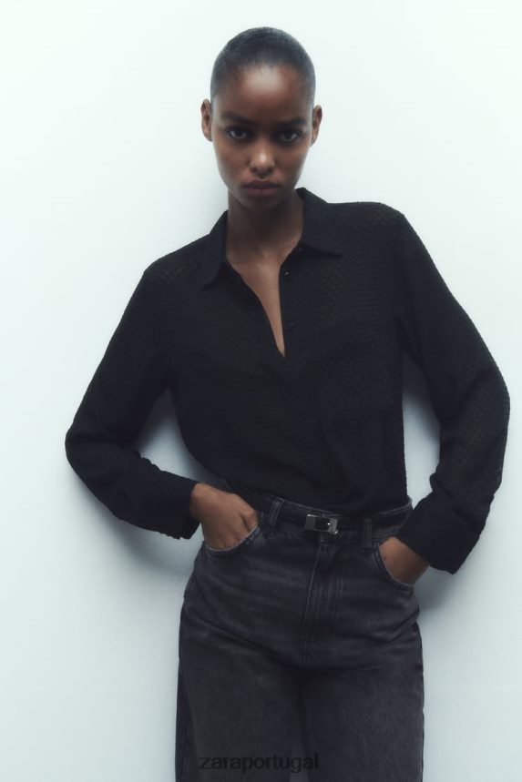camisa semi-transparente de textura mista mulheres Zara preto Z2080L359 roupas
