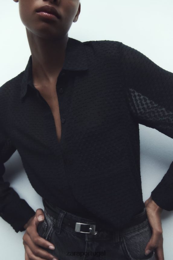 camisa semi-transparente de textura mista mulheres Zara preto Z2080L359 roupas