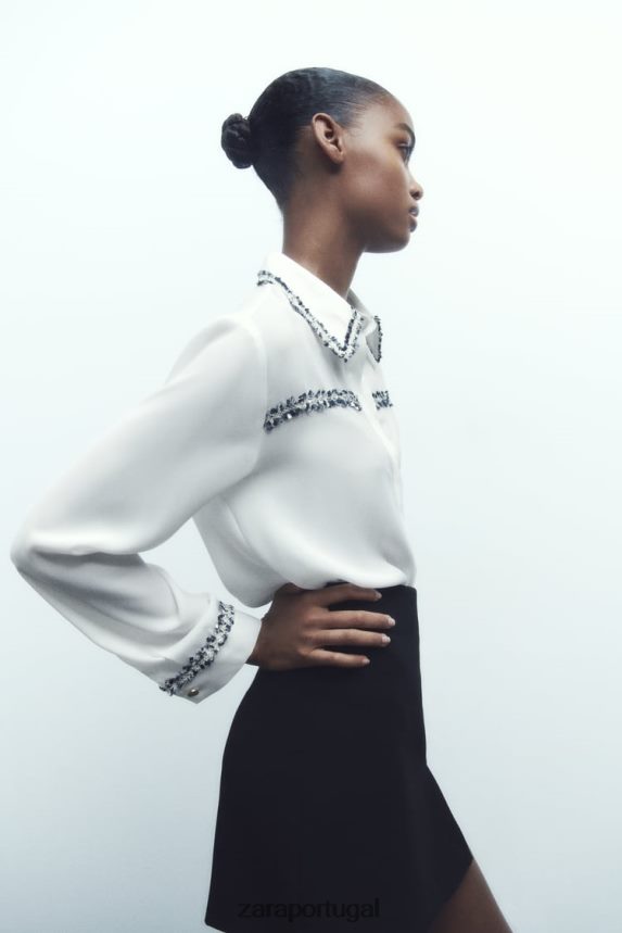 camisa texturizada combinada mulheres Zara ostra branca Z2080L309 roupas