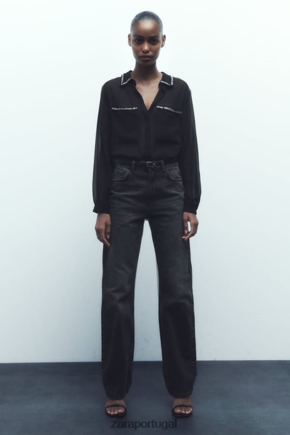 camisa texturizada combinada mulheres Zara preto Z2080L326 roupas