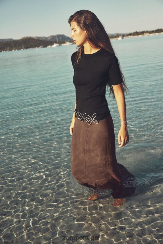 camiseta canelada clara mulheres Zara preto Z2080L472 roupas