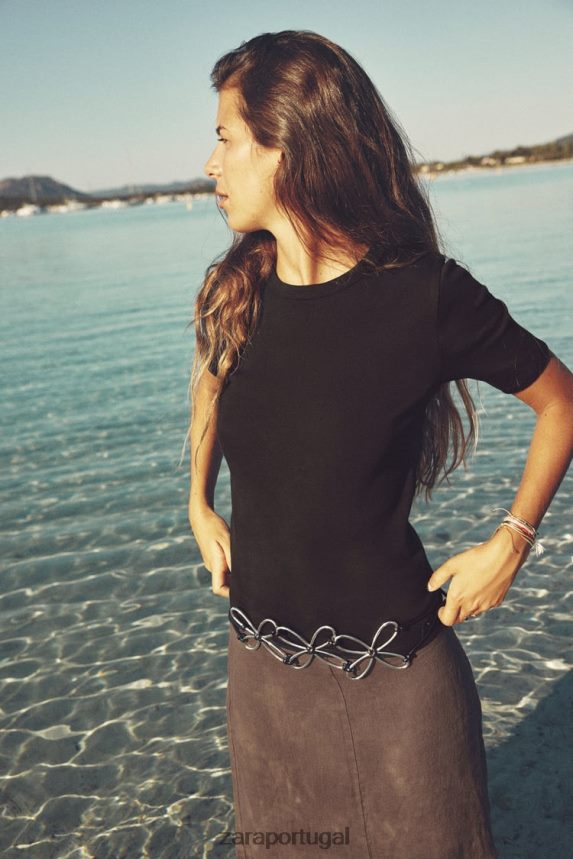 camiseta canelada clara mulheres Zara preto Z2080L472 roupas