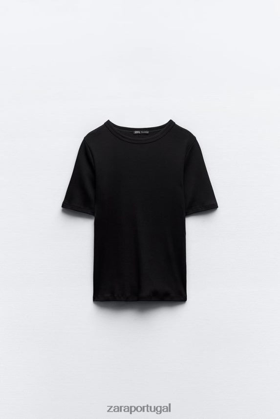 camiseta canelada clara mulheres Zara preto Z2080L472 roupas