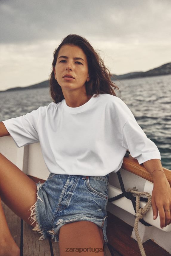 camiseta de algodão grande mulheres Zara branco Z2080L470 roupas