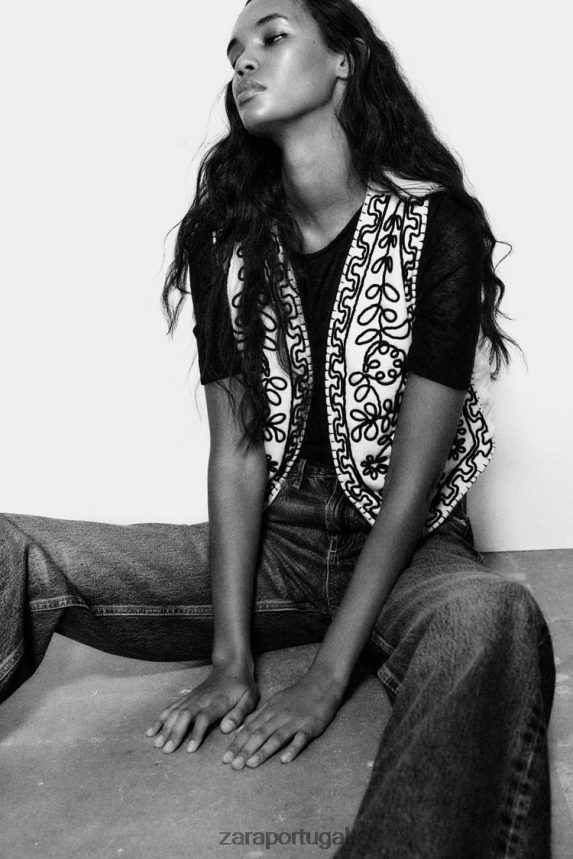 colete acolchoado bordado mulheres Zara cru Z2080L222 roupas