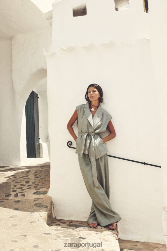 colete de linho com cinto mulheres Zara luz verde Z2080L210 roupas